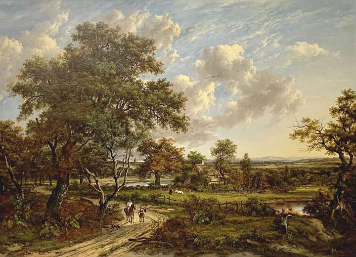 A wooded landscape with travellers on a track